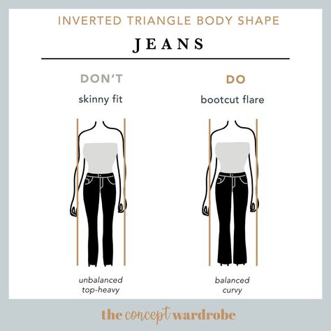 Inverted Triangle Body Shape Jeans Do's and Don'ts - the concept wardrobe Thighs Drawing, Hourglass Body Shape Fashion, Pear Body Shape Fashion, Hourglass Body Shape Outfits, Jam Pasir, Pear Body Shape Outfits, Triangle Body Shape Outfits, Pear Shape Fashion, Pear Shaped Outfits