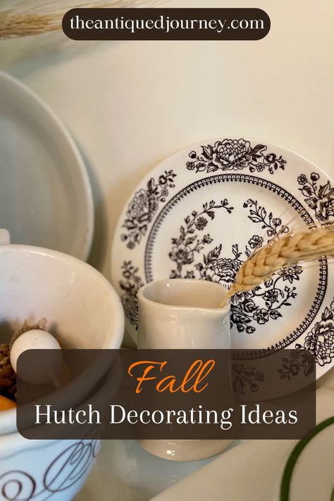 vintage plates and creamers styled in a hutch for Fall Fall Hutch Decor, Hutch Decorating Ideas, Budget Friendly Living Room, Vintage Fall Decor, Thrifted Decor, Vintage Vignettes, Hutch Decor, Inexpensive Decor, Fall Decorating Ideas