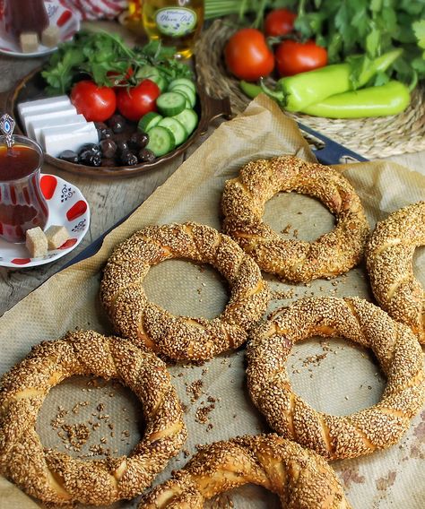 Turkish Simit Bread - Sibel's Recipe - Vegan Food & Lifestyle Blog Simit Bread, Turkish Simit, Simit Recipe, Turkish Snacks, White Cheese, Turkish Tea, Street Foods, Toasted Sesame Seeds, Delicious Bread