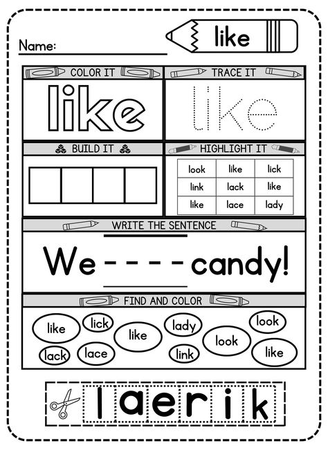 Use this free printable like sight word worksheet to explore a world of interesting ways to learn to read and write! This free worksheet combines creative thinking with effective practice, making it perfect for young kindergarten students. If you want to see your child's reading and writing skills take off, download it right away! Sight Word With Worksheet, Writing Activities For Kindergarten Free, First Grade Ela Worksheets Free Printables, Is Sight Word Worksheet, Sight Word Practice Preschool, Sight Word Journal Kindergarten, Teaching Site Words Kindergarten, Like Sight Word Worksheet, Sight Word Like Worksheet Free Printable