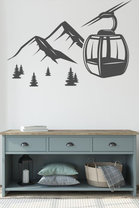 This vinyl wall decal has no clear or colored background. Transfer tape is used to transfer the design to the wall and then removed, leaving only the design on the wall. It is easily removed without damaging interior walls, but it is not reusable. Lift Wall, Ski Lift Chair, Ski Decor, Colored Background, Bedroom Kids, Winter Themed, Ski Lift, Decal Wall Art, Transfer Tape