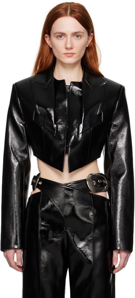 Lacquered grained faux-leather jacket. · Peaked lapel · Concealed press-stud closure · Mock welt pockets · Darts at front and back · Cropped asymmetric hem · Padded shoulders · Mock surgeon's cuffs · Full twill lining · Covered hardware Supplier color: Black Leather Clothes Aesthetic, 3d Jacket, Jordan Birthday, Unique Leather Jacket, Goth Industrial, Leather Crop Jacket, Collar Outfits, Black Leather Outfit, Cropped Faux Leather Jacket