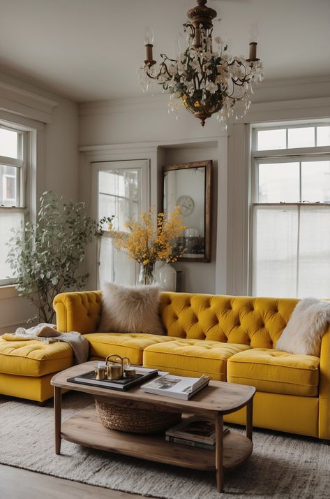 25 Yellow Couch Living Room Ideas: Transform Your Space with Vibrant Decor » Comfy Ideas Yellow Floral Sofa Living Room, Gold Velvet Sofa Living Room Ideas, Yellow Couches Living Room, Living Room With Yellow Couch, Yellow Couch Aesthetic, Yellow Chesterfield Sofa, Gold Couch Living Room, Yellow Sofa Living Room Ideas, Yellow Couch Living Room