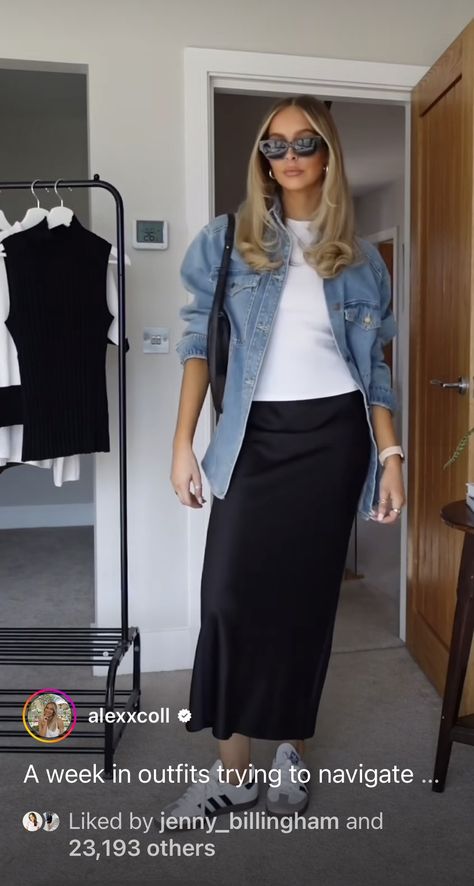 California Office Outfits, Long Satin Skirt Outfit Summer, Casual Black Satin Skirt Outfit, Navy Blue Slip Skirt Outfit, What To Wear With A Black Satin Skirt, Satin Skirt Outfit Midsize, Black Satin Skirt Outfit Spring, Black Silk Skirt Outfit Work, Gonna Satin Outfit