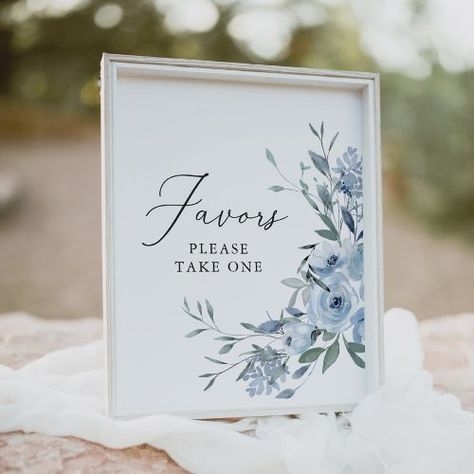 $11.00 | Elegant Dusty Blue Floral Wedding Favors Sign #wedding sign, wedding reception, bridal shower sign, favors sign, greenery foliage, watercolor floral, summer spring winter, dusty blue wedding, simple modern elegant rustic, dusty blue flowers Engagement Party Blue, Sage Green And Dusty Blue, Wildflower Favors, Dusty Blue Flowers, Blue Wedding Favors, Bridesmaid Brunch, Foliage Watercolor, Wedding Favours Sign, Floral Wedding Favors