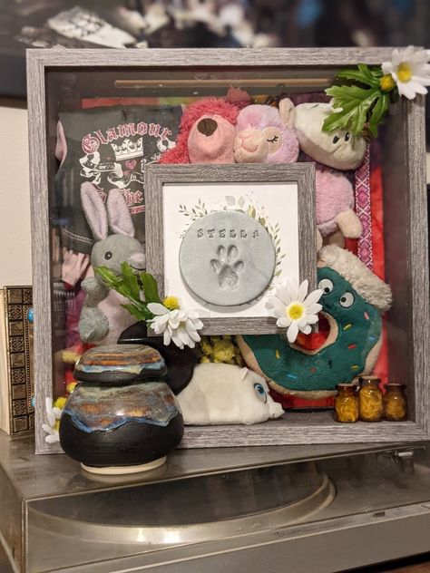 Pet Memorial Display Shelf, Dog Toy Memorial, Dog Memorial Shelf Ideas, Shadow Box For Passed Dog, Pet Memorial Keepsake, Cat Memory Ideas, Dog Shrine Ideas, Dog Fur Memorial Ideas, Cat Memorial Shadow Box Ideas