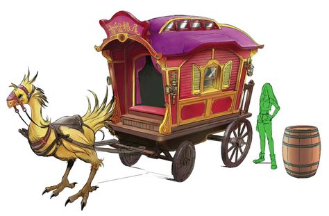 Chocobo Carriage Concept Art - Final Fantasy VII Remake Art Gallery Fantasy Carriage Concept Art, Carriage Concept Art, Fantasy Carriage, Dnd World Map, Art Final, Fantasy Cars, Design Dragon, Fantasy Wizard, Horse And Buggy