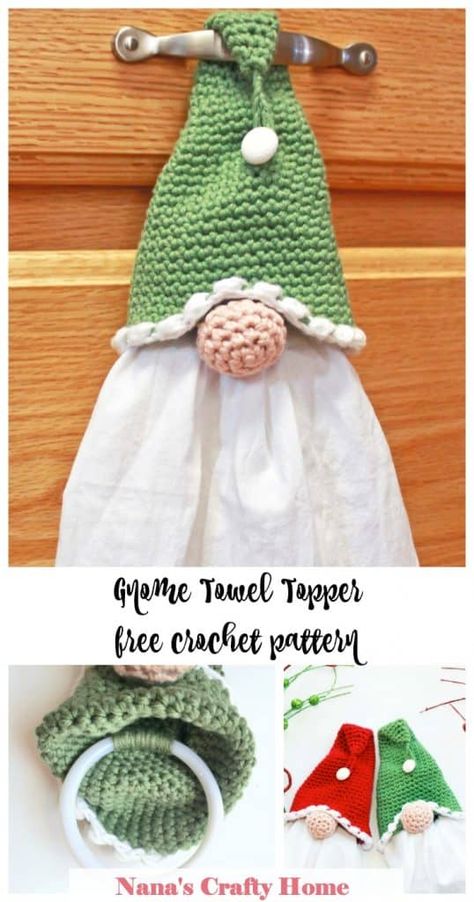 Best Christmas Crochet Patterns, Gnome Tea Towel Topper, Gnome Dish Towel Holder, Gnome Dish Towel Toppers, Crochet Gnome Towel Holder Free Pattern, Crochet Gnome Nose, Easy Gnome Patterns Free, January Crochet Projects, Crochet Towels Kitchen