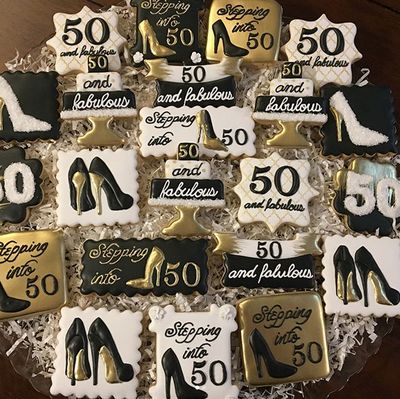 50 And Fabulous Cookies 50th Birthday, 40th Birthday Party Themes, 50 Fabulous Birthday, Shoe Cookies, Farm Cookies, Sugar Cookie Royal Icing, Birthday Desserts, 50th Party, 50 And Fabulous