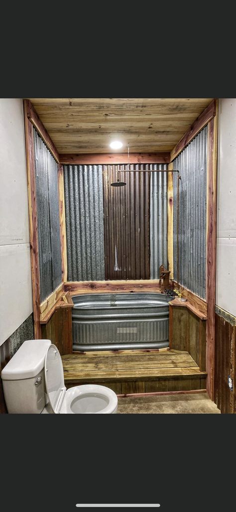 Trough Bathtub, Shed Bathroom, Rustic Bathroom Shower, Rustic Bathroom Remodel, Barn Bathroom, Cabin Bathrooms, Bathroom Farmhouse, Rustic Bathroom Designs, Bathroom Farmhouse Style