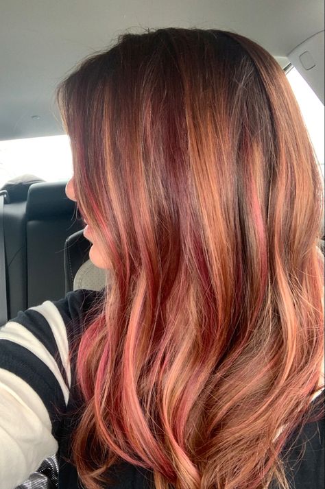 Orange Hair With Red Highlights, Ginger And Red Highlights, Red Highlights On Ginger Hair, Red And Pink Highlights Brunettes, Pink Highlights In Auburn Hair, Ginger Hair Red Highlights, Ginger Pink Highlights, Coral Highlights Brown Hair, Pink Highlights In Copper Hair