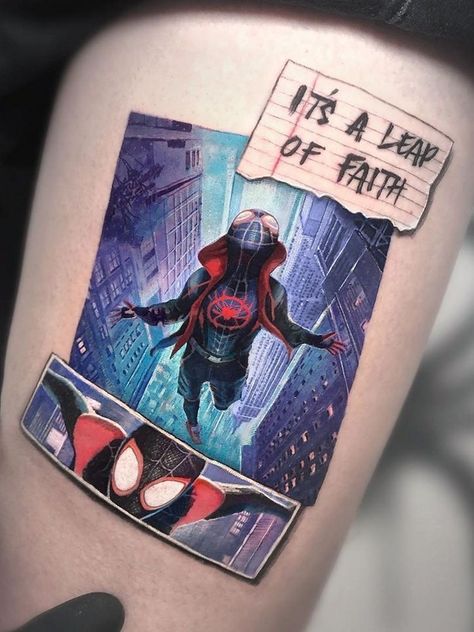 Comic Tattoos For Men, Spider Man Across The Spider Verse Tattoo, Miles Morales Spiderman Tattoo, Spider Gwen Tattoo Ideas, Spider Verse Tattoo Ideas, Into The Spider Verse Tattoo, X Men Tattoo Ideas, Marvel Comics Tattoo, Tattoo Comic Style