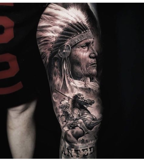 Native American Warrior Tattoos, Indian Chief Tattoo, Portrait Tattoo Sleeve, Indian Skull Tattoos, Native American Tattoo Designs, Indian Tattoo Design, Animal Sleeve Tattoo, American Indian Tattoos, Native American Tattoo