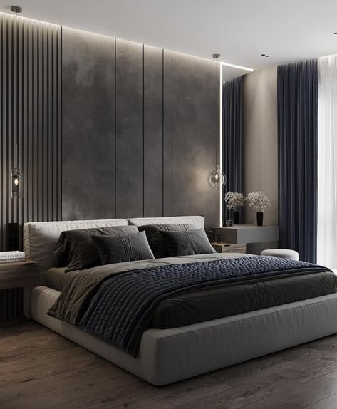 Modern Grey Bedroom, Male Bedroom Ideas, Grey Bedroom Design, Modern Luxury Bedroom, Living Room Design Inspiration, Grey Bedroom, Wall Designs, Bedroom Bed Design, Aesthetic Decor