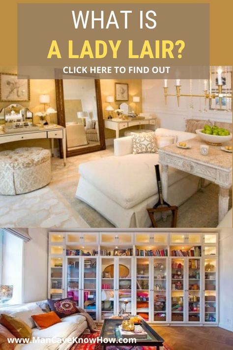 Learn how can you, and your marriage, can benefit from you having a lady lair! #affiliate #ladylair #whatisaladylair Mom Cave Ideas Decor, Womens Room Lady Cave, Lady Lounge Woman Cave, She Cave Ideas For Women, Hangout Room Ideas Woman Cave, She Room Woman Cave, Ladies Lounge Woman Cave, Lady Cave Ideas, Mom Cave Ideas