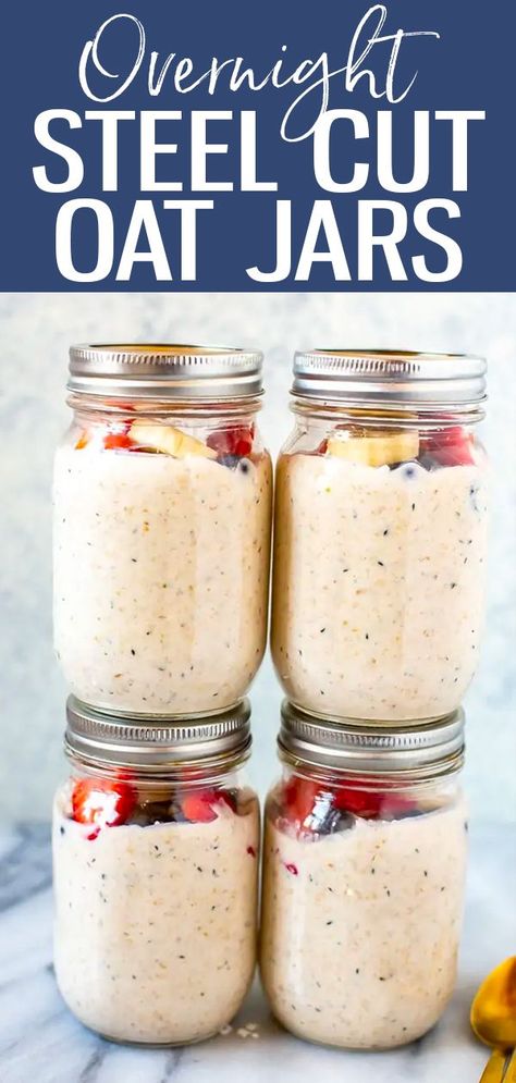 These Overnight Steel Cut Oats are made with Greek yogurt, almond milk and hemp hearts for a protein-packed meal prep breakfast! #steelcutoats #mealprep #breakfast Overnight Steel Cut Oats, Steel Oats, Steel Cut Oats Overnight, Mealprep Breakfast, Overnight Oats With Yogurt, Raw Oats, Protein Overnight Oats, Prep Breakfast, Hemp Hearts