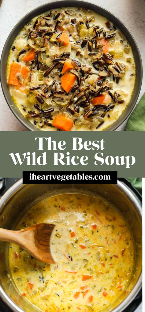 This Minnesota wild rice soup is creamy and delicious with a rich broth and hearty wild rice. This vegetarian recipe is perfect for a chilly winter evening! Mushroom Wild Rice Soup Vegetarian, Gluten Free Vegetarian Soup Crockpot, Wild Rice Porridge, Veggie And Rice Soup, Slow Cooker Vegetarian Soup Recipes, Vegetarian Slow Cooker Soup, Vegetarian Soups And Stews Crock Pot, Healthy Winter Meals Vegetarian, Winter Soup Vegetarian