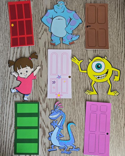 Monsters Inc cutouts going out today Monsters Inc Classroom Theme, Monsters Inc Trunk Or Treat, Monsters Inc Crafts, Monsters Inc Doors, Classroom Goals, Res Life, Monster Inc, Homecoming Mums Diy, Corsage Prom