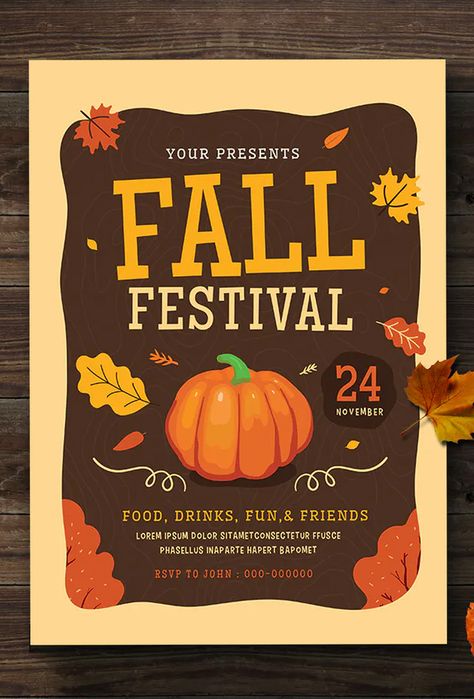 Fall Festival Flyer Template AI, PSD Harvest Festival Flyer, Fall Festival Invitation, Graphic Design Flyer Ideas, Fall Festival Poster, Fall Graphic Design, Fall Festival Flyer, Fall Posters, Dance Flyer, Fall Foilage