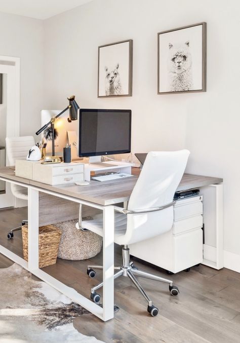 Desk For Four, Home Office 4 People, 2 Person Work From Home Office, Office Space 2 Desks, Home Office Setup Two Desks, Two Desks Small Office, Minimalist Home Office For Two, Home Office 3 Desks, 2 Desk Office Ideas