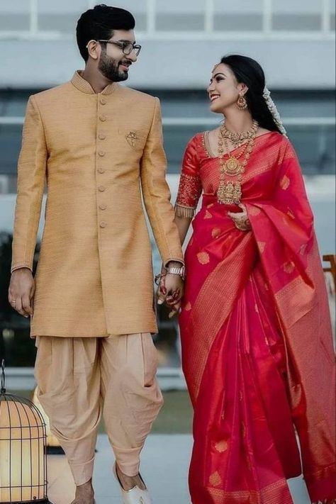 South Indian Engagement, Wedding Matching Outfits, Outfit Couple, Indian Wedding Poses, Pre Wedding Photoshoot Outfit, Bridal Sarees South Indian, Engagement Photography Poses, Couple Wedding Dress, Indian Wedding Couple Photography