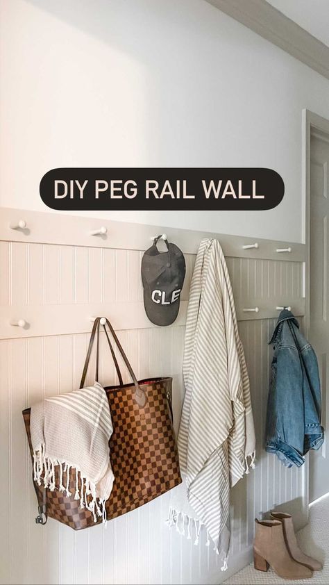 Peg Hook Entryway, Diy Peg Rail, Peg Coat Rack, Wooden Towel Rail, Backpack Wall, Rock Fence, Shaker Peg Rail, Dream Flat, Peg Wall