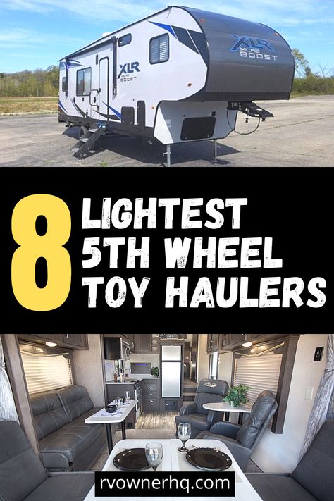 Finding a lightweight 5th-wheel toy hauler can be challenging, as neither 5th wheels nor toy haulers are known for their lightweight design. As many 5th-wheel toy haulers have unloaded vehicle weights starting at over 12,000 pounds! And that’s before you load anything into the camper. Because of this, we created this blog post, which highlights the lightest 5th-wheel toy haulers. So you can find the perfect lightweight option based on your needs and your tow vehicle’s max tow capacity. Nomad Living, 5th Wheel Toy Hauler, Toy Hauler Rv, Toy Hauler Camper, 5th Wheel Camper, 5th Wheel Trailers, Fifth Wheel Toy Haulers, Fifth Wheel Trailers, Toy Haulers