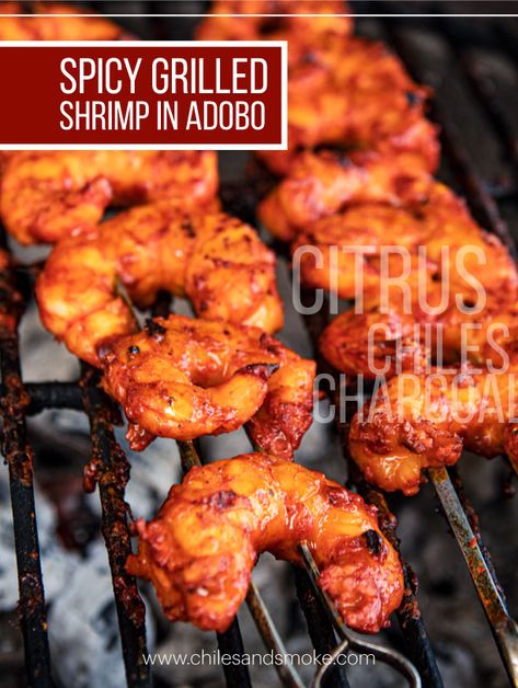 Glowing, flavorful adobo marinade is ready for your shrimp. The fresh citrus and aroma of chiles, wafting towards you with wood-fired warmth for a few moments. Spicy grilled shrimp in adobo are calling! . #shrimprecipe #spicyshrimp #grilledshrimp #adobo #shrimprecipes Adobo Shrimp, Adobo Marinade, Recipes For The Grill, Bbq Grilling Recipes, Spicy Grilled Shrimp, Shrimp Marinade, Spicy Shrimp Tacos, Bbq Recipes Grill, Adobo Recipe