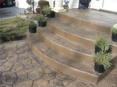 Steps and Stairs Pictures - Gallery - The Concrete Network Concrete Front Steps, Stamped Concrete Patio Designs, Front Porch Stairs, Concrete Step, Cement Steps, Sidewalk Landscaping, Concrete Stamp, Seat Wall, Patio Stairs