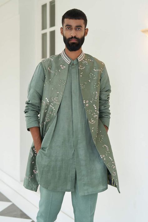 Buy Green Pure Silk Embroidered Floral Rainforest Jacket And Kurta Set For Men by Contrast By Parth Online at Aza Fashions. Groom Koti Kurta, Long Koti Kurta For Men, Open Jacket Kurta Men, Indian Menswear, Kurta And Pants, Indian Wedding Clothes For Men, Kurta Set For Men, Add Sleeves, Embroidered Motifs