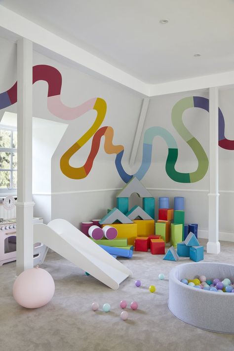 Rocking Bed, Bed Montessori, Playroom Mural, Indoor Playroom, Kindergarten Interior, Daycare Design, Colorful Playroom, Kids Interior Design, Toddler Playroom