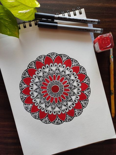 Red Mandala Art, Rangoli Drawing, Simple Mandala Tattoo, Lotus Flower Mandala, Zentangle Ideas, Easy Mandala Drawing, Mandala Art Therapy, Simple Mandala, Mandala Design Pattern