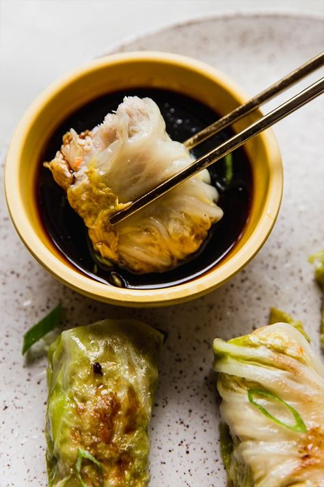 Cabbage Pork Dumplings, Cabbage Roll Dumplings, Cabbage Dumpling Soup, Cabbage Wrapped Dumplings, Napa Cabbage Dumplings, Nappa Cabbage Rolls Recipes, Cabbage Dumpling Rolls, Asian Cabbage Rolls Recipe, Cabbage Wontons