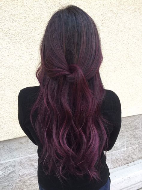 Maroon Plum Hair, Dark Red Hair With Purple Highlights, Brown Hair With Plum Balayage, Ombre Plum Hair, Blackberry Highlights On Brown Hair, Balayage Hair Violet, Plum Balayage On Black Hair, Balayage Wine Hair, Eggplant Brunette Hair