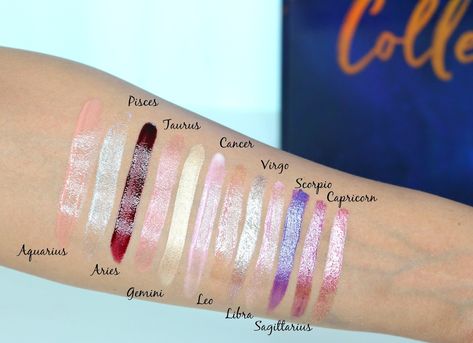 Wet n Wild Zodiac Lip Gloss Swatches | Samantha Jane Lipgloss Names, Zodiac Signs Lipstick, Zodiac Sign Lips, Wet N Wild Foundation Swatches, Lip Gloss Swatches, Wet And Wild Megaslicks Lipgloss, Wet N Wild Lipstick Swatches, Zodiac Outfits, Wet And Wild Zodiac Lip Gloss