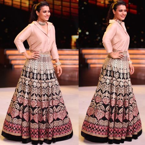 Blouse is old school. Kajol in a lehenga and shirt is new style goals Lehenga And Shirt, Shirt With Lehenga, Fusion Clothes, Ethnic Skirts, Choli Dress, Indian Skirt, Lehnga Dress, Lehenga Blouse Designs, Long Skirt Outfits