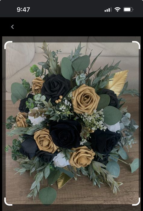 Black Eucalyptus Bouquet, Simple Black And Gold Centerpieces, Black And Beige Flowers, Black And Champagne Centerpieces, Black And Gold Prom Flowers, Black Gold And White Bouquet, Green Black And Gold Quinceanera, Black And Gold Prom Bouquet, Black Olive Green And Gold Wedding