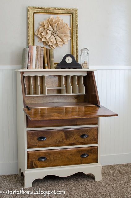 Vintage Fold Down Desk | Start at Home Decor Vintage Fold Down Desk, Drop Down Door Hutch Desk, Antique Secretary Desk Makeover Ideas, Vintage Desk Makeover, Vintage Furniture Makeover, Fold Down Desk, Writing Bureau, Desk Makeover, Secretary Desk