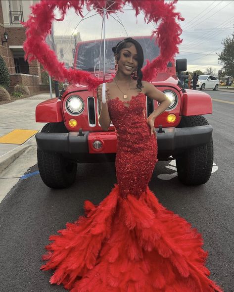 Strapless Red Prom Dress, Prom 23, Prom Dress Sleeveless, Trumpet Prom Dress, Feather Prom Dress, Prom Couples, Prom Inspiration, Sparkly Prom Dresses, Prom 2024