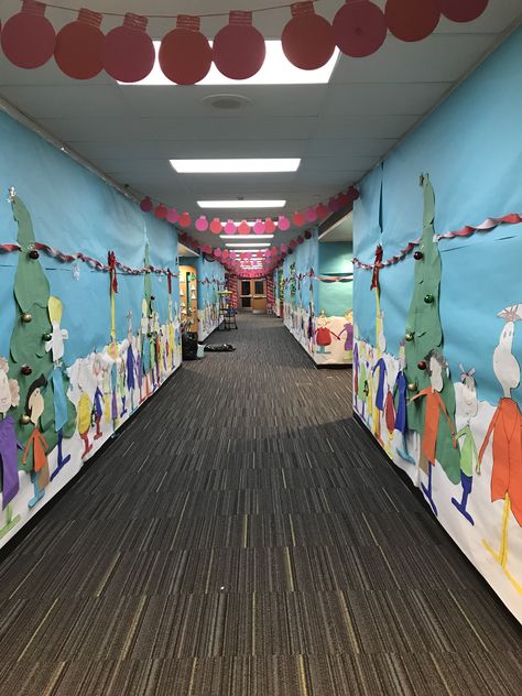 Classroom Whoville Decorations, Grinch Hallway Decorations School Theme, Whoville Christmas School Hallway, Decorate School Hallways For Christmas, Christmas Themed School Hallways, Whoville Stage Design, Grinch Themed Hallway, Christmas Hallway Decorations School Whoville, Grinch Theme School Hallway