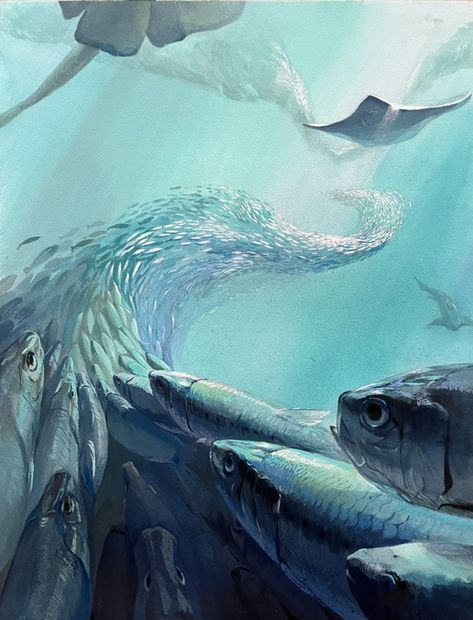 Enviroment Art Nature, Ocean Underwater Painting, Ocean Reference Photo, Ocean Illustration Art, Ocean Scene Painting, Fish In Ocean, Half Underwater, Underwater Illustration, Aquarium Art