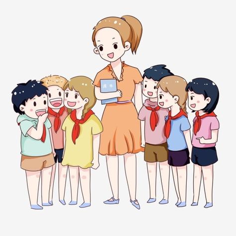 teacher,a group of primary school students,red scarf,school clipart,teacher clipart,children clipart Teacher Drawing Cartoon, Teacher And Student Drawing, Teacher Drawing, Teachers Day Drawing, Student Clipart, Teacher Images, 2000 Cartoons, Teacher Cartoon, Hand Clipart