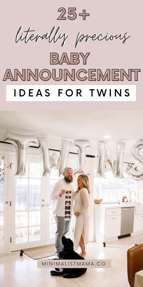 Newly pregnant with your first baby, searching for cute baby announcement with dog ideas? These are the BEST unique, creative and fun twin pregnancy announcement photos to totally inspire you with your special baby reveal (including baby announcement caption ideas for twins!) Twin Gender Reveal Pictures, Twin Baby Reveal Ideas, Twins Announcement Photoshoot, Twins Announcement Ideas, Twin Baby Announcements Ideas, Twin Announcement Ideas, Announcing Twins, Triplet Announcement, Pregnancy Announcement With Dogs