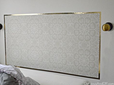 DIY Removable Wallpaper Headboard - Delicious And DIY Wallpaper As Headboard, Wallpaper Headboards, Headboard With Wallpaper, Fancy Headboard, Diy Wallpaper Headboard, Headboard And Wallpaper, Spavaca Soba, Wallpaper Headboard, Headboard Crafts