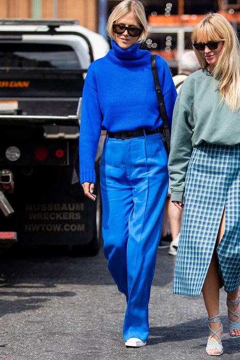 Cobalt Blue Street Style, Royal Blue Street Style, Cobalt Blue Aesthetic Fashion, Blue Pants Outfit Aesthetic, Cobalt Pants Outfit, Cobalt Blue Pants Outfit, Cobalt Outfit, Cobalt Pants, Cobalt Blue Outfit