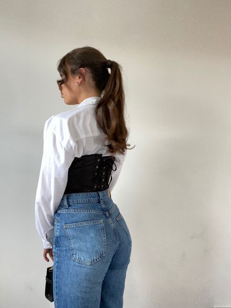 #vibe #corset #style #slicked #style #summer White Button Up Shirt With Corset, White Button Up With Black Corset, Croset And Jean, Denim Corset With White Shirt, Shirt Under Corset Outfit, Black Corset With White Shirt, Corset With White Button Up, Corset Top Outfit Midsize, Under Corset Outfit