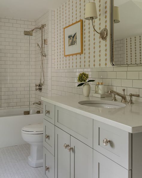 Cape Cod Interiors, Cape Cod Bathroom, Katie Rosenfeld, Dennis Massachusetts, Cape Cod Interior Design, Herringbone Tiles, Nickel Faucet, Gray And White Bathroom, Cabin Furniture