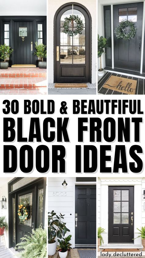 30 Bold & Beautiful Black Front Door Ideas Door Painting Ideas Front Door, Modern Back Door Ideas, Black Front Door Porch Ideas, All Black Front Door, Front Door Styling Ideas, Black Front Door And Trim, Exterior Black Doors, Best Black Front Door Paint Colors, Black Front Door With Brass Hardware