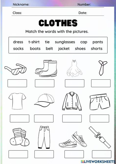 Clothing worksheet worksheet Vocabulary Clothes, Black And White Clothes, Clothes Worksheet, Body Parts Preschool Activities, Ingles Kids, Classroom Objects, Weather Worksheets, Worksheets For Class 1, English Grammar For Kids