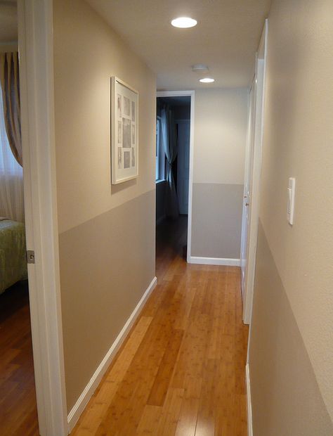 Two-tone hallway. Love this. Olympic paint colors: Gray Beige and Stonington. Grey Hallway Paint, Two Tone Hallway, Hallway Paint Colors, Grey Hallway, Two Tone Walls, Hallway Paint, Frames Ideas, Hallway Colours, Hallway Ideas Colour